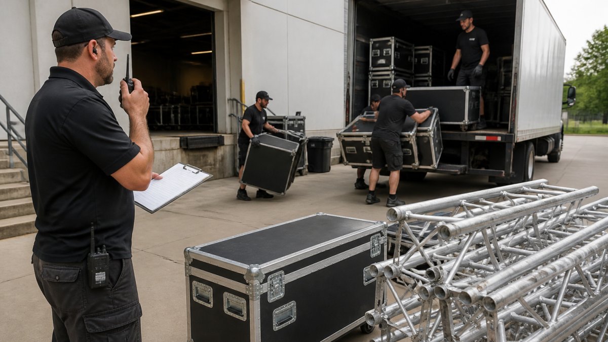 Production manager directing event vendors as they unload equipment at a venue loading dock