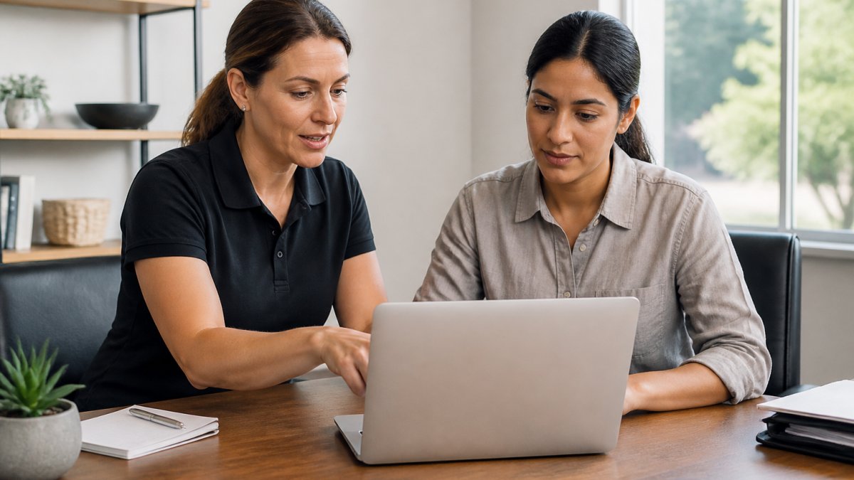 Professional demonstrating how to delegate email management to a virtual assistant technique in modern clinical setting with natural lighting