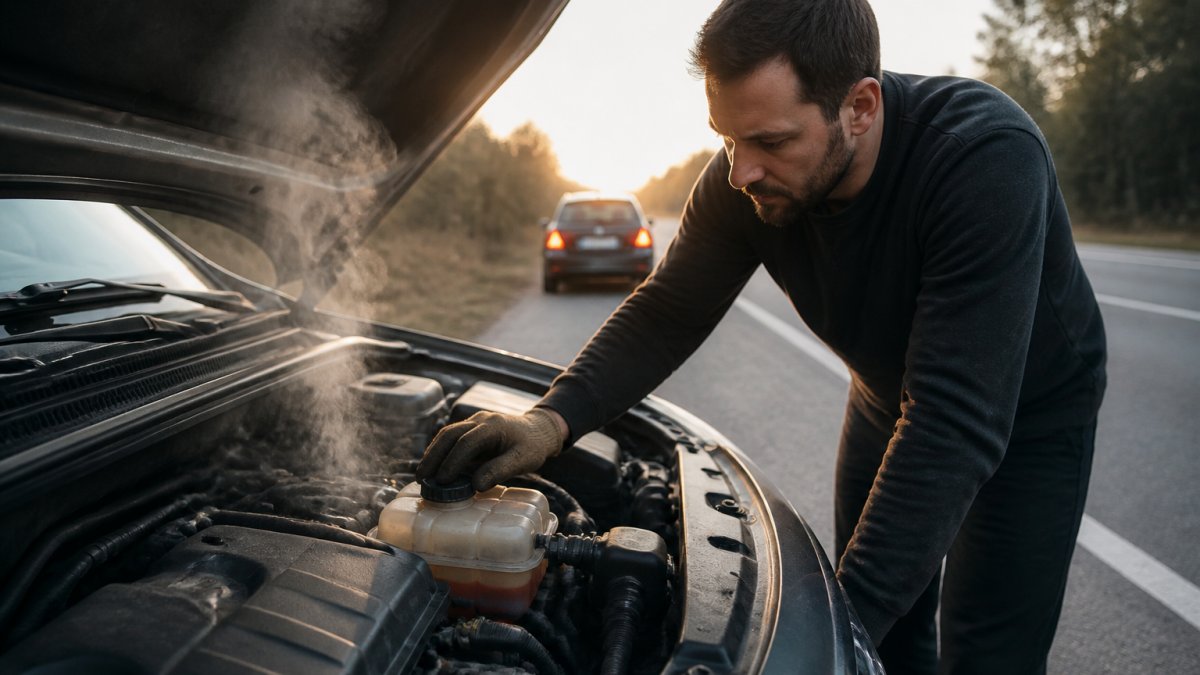 Driver wearing work gloves checking coolant levels to diagnose engine overheating on the roadside.