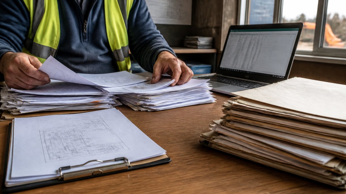 Infographic process to inventory and assess documents before you digitize site records on a desk.