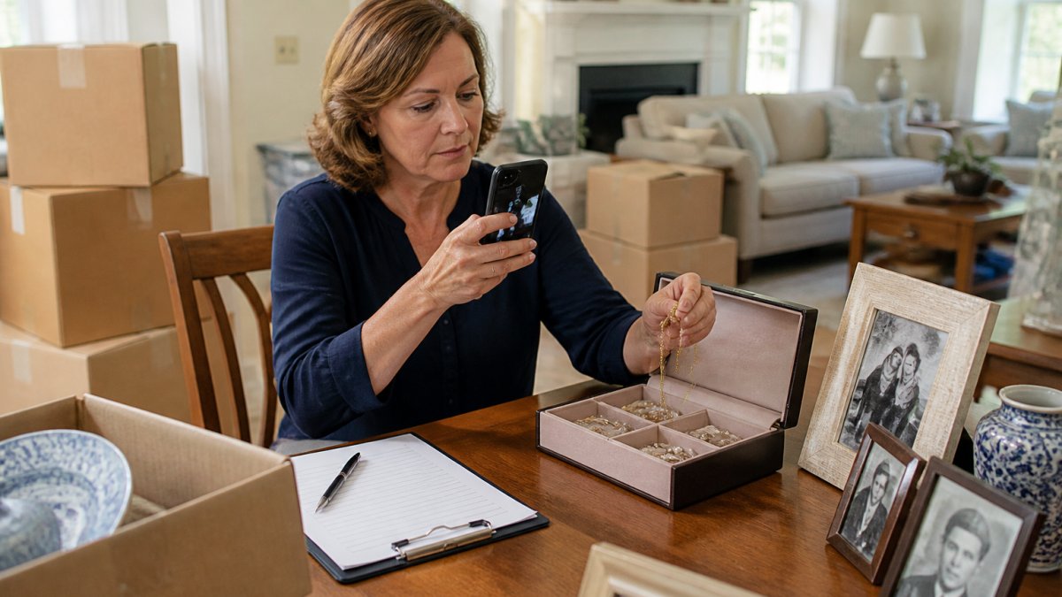 A woman in her fifties sitting at a dining table with a clipboard and pen, photographing a jewelry box and framed photos with her phone, boxes of household belongings stacked nearby in a sunlit living room