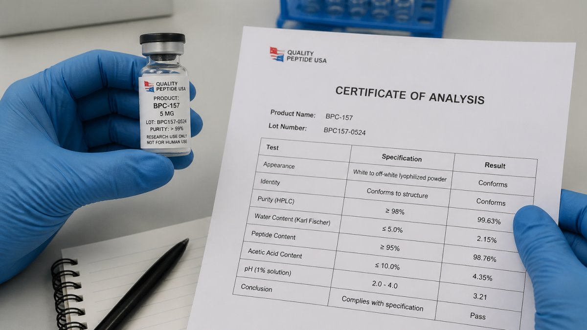 Gloved hands matching a peptide lot number on a vial to a laboratory certificate of analysis document