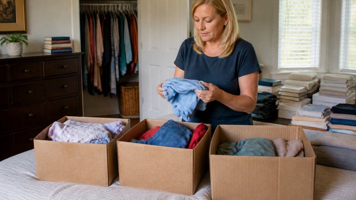 Homeowner in bedroom sorting through belongings into labeled boxes for donation, sale, and discard, with organized stacks visible in background