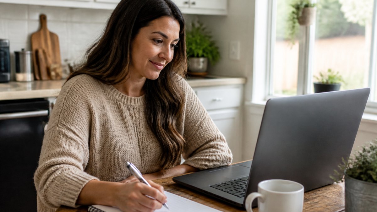 Person sitting at a desk with coffee and a laptop displaying an online notary training course enrollment page