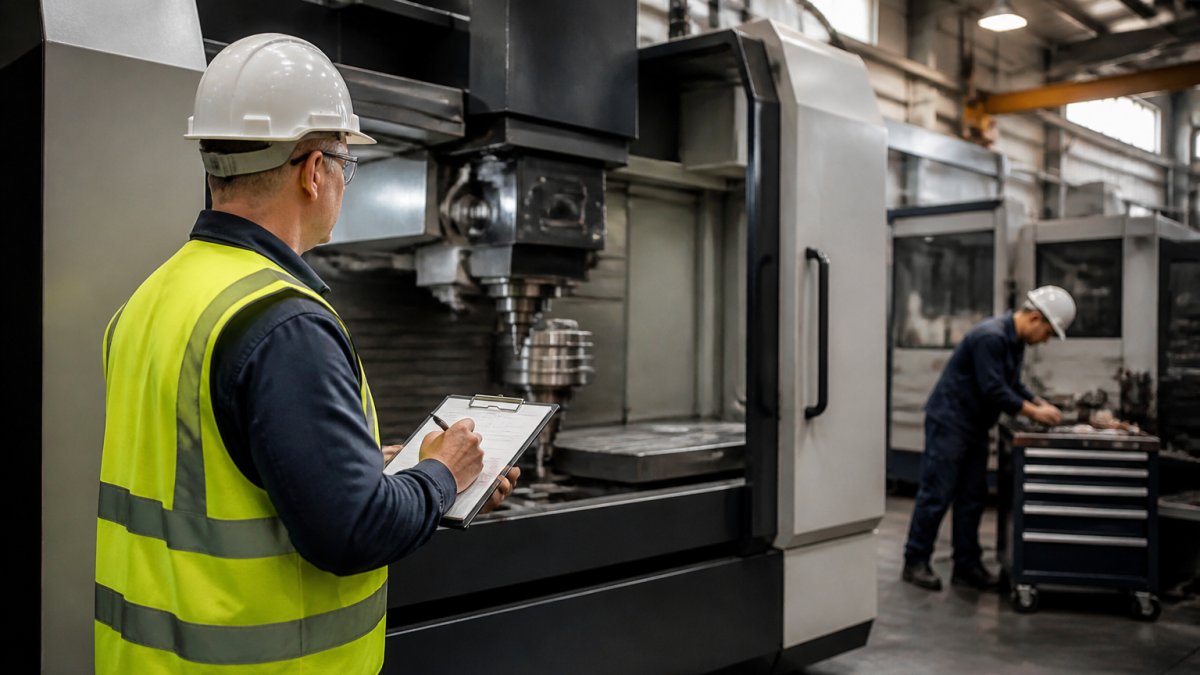 A maintenance manager in a safety vest and hard hat holding a clipboard and inspecting a CNC machining center on a factory floor, with a technician working in the background under overhead shop lighting