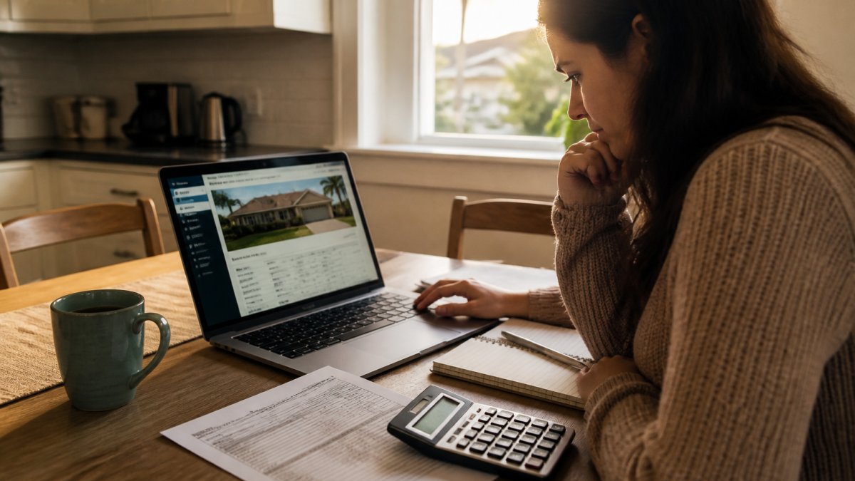 A homebuyer at a kitchen table with a laptop open to a county property appraiser website, a printed tax notice beside a calculator and coffee mug, late afternoon light through the window
