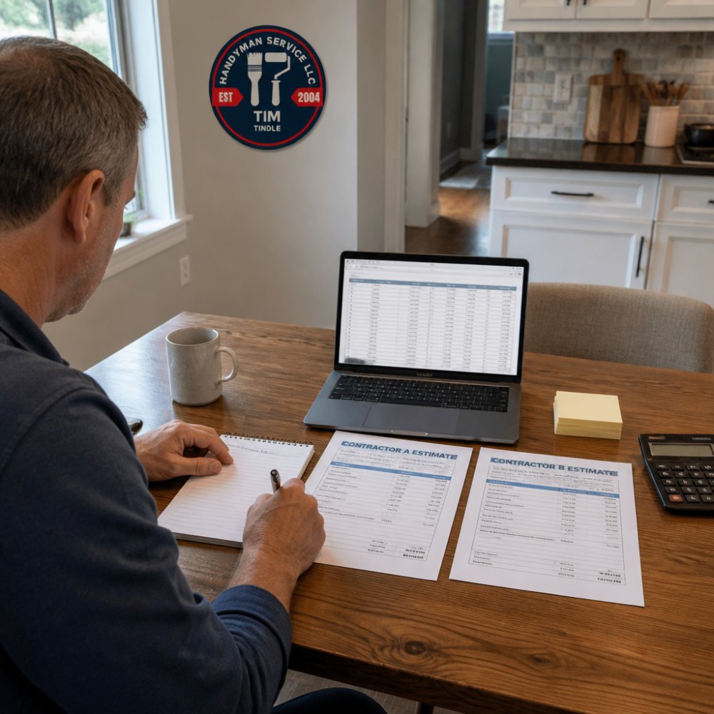 Homeowner reviewing printed contractor bids on a kitchen table using a comparison spreadsheet and checklist