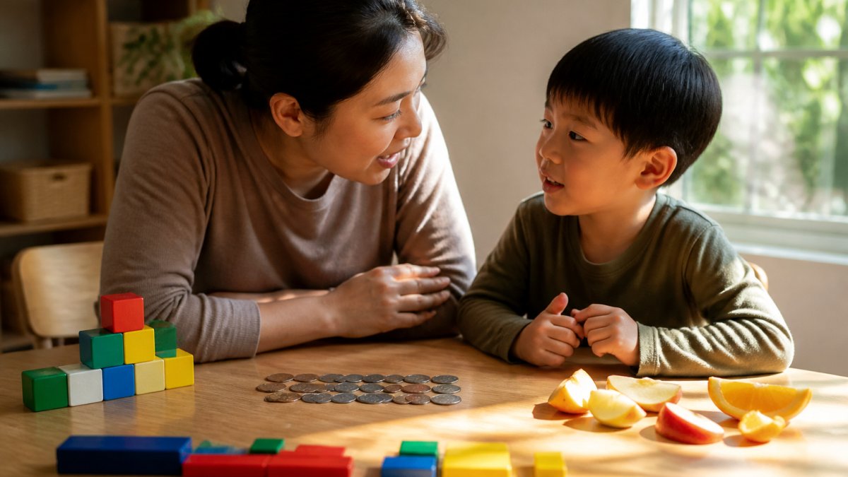 Step-by-step diagram showing a parent using household objects to explain school concepts to a young child.