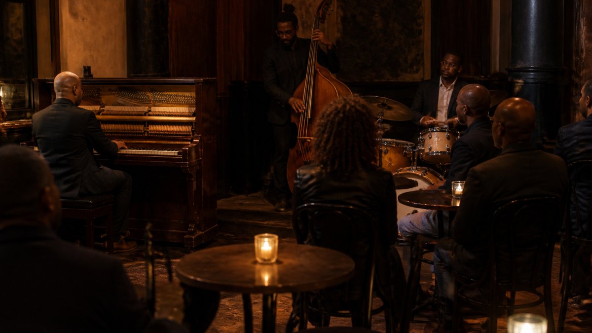 A dimly lit historic jazz club with candlelit tables and a trio performing on a small stage for quiet patrons.