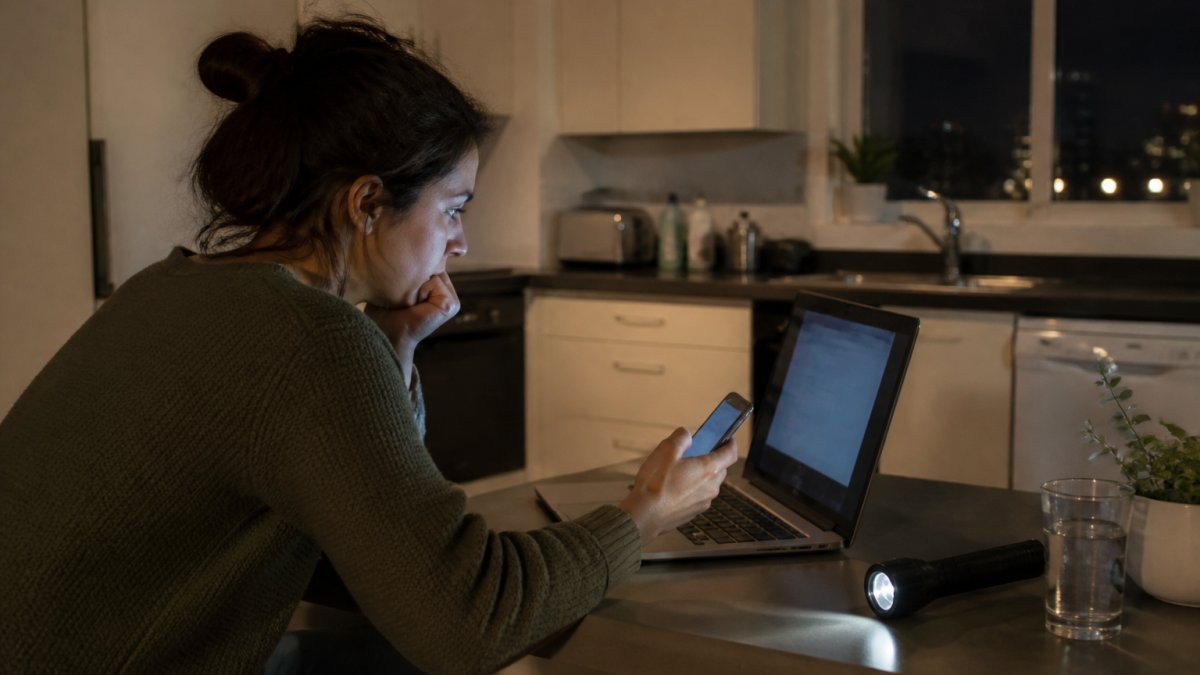 Homeowner using a flashlight and laptop to find 24 hour pest control services in a dark apartment kitchen.