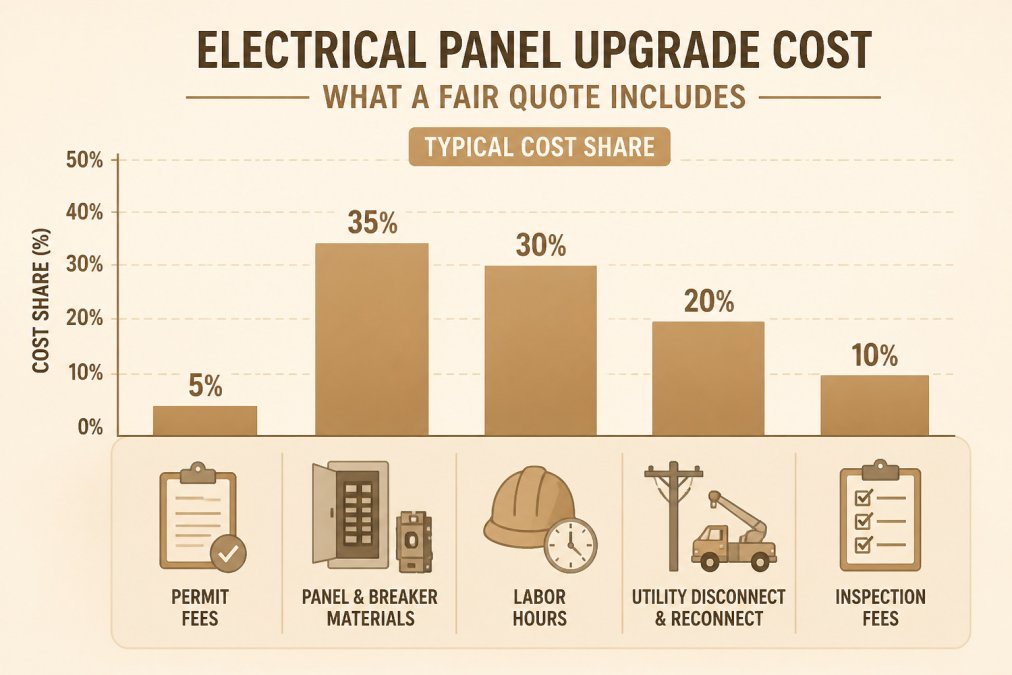Bar chart showing cost breakdown for a licensed electrician to perform an electrical panel upgrade.