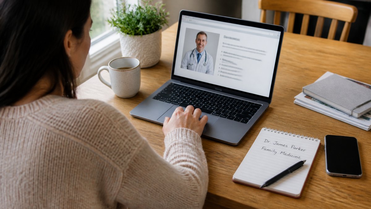 Five-step process for researching and selecting board certified doctors using a laptop and notepad.