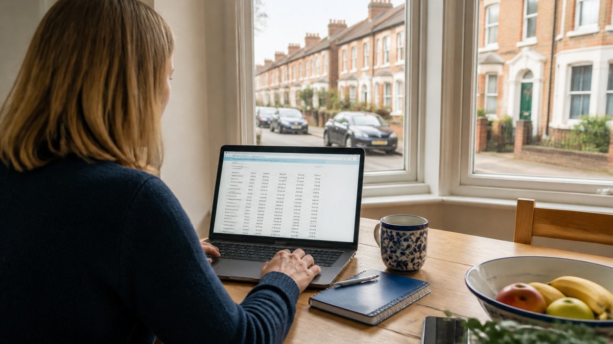 Homeowner using HM Land Registry data to analyse historical property price trends on a laptop at a kitchen table.