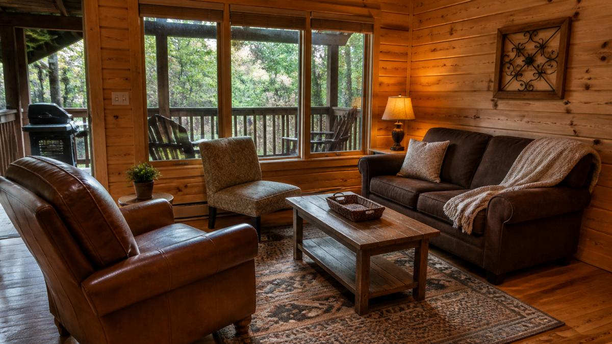 Cozy cabin interior with comfortable seating area, warm lighting, and rustic furnishings overlooking windows to wooded surroundings
