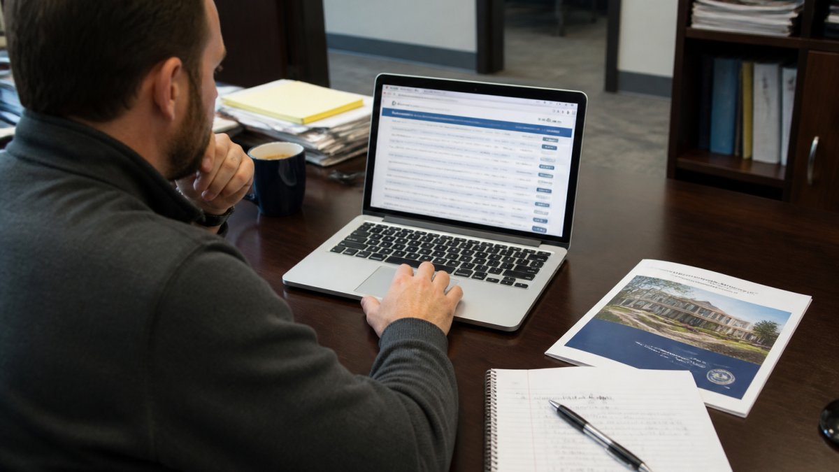 Business manager reviewing county construction projects on a laptop with printed plans and notes