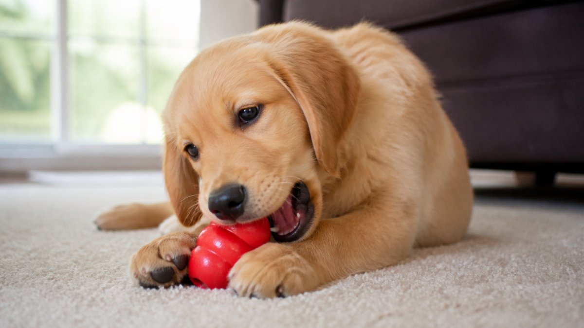 Golden retriever puppy happily chewing a rubber toy to prevent destructive chewing dogs behavior