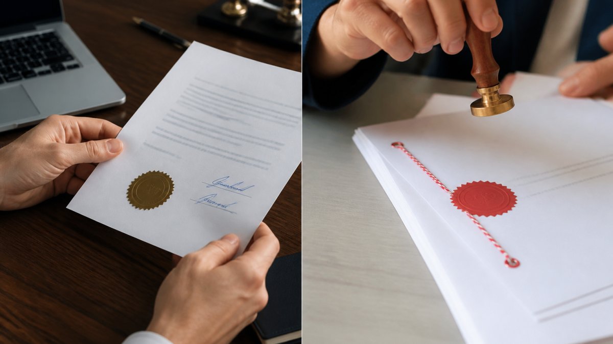 Person holding a notarized document apostille with a visible seal and signature at a desk