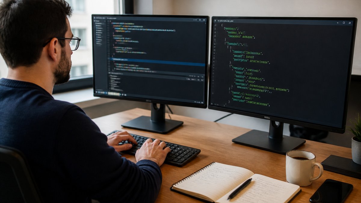 A developer at a desk with two monitors, one showing a code editor with an API request and the other showing a JSON response, notebook and coffee beside the keyboard