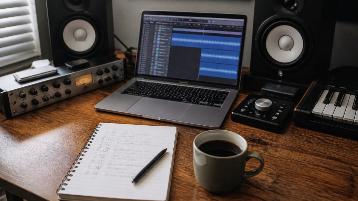Process infographic for a mixing engineer showing how to document song revisions in a studio notebook