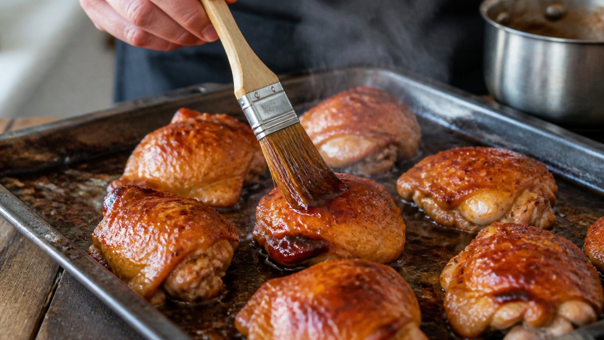 Close-up of a home cook brushing a glossy sticky glaze onto golden roasted chicken thighs on a baking tray, with a pastry brush in hand and steam rising