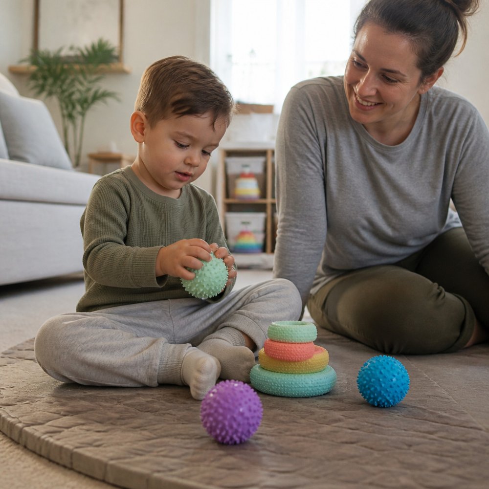 A child sits calmly on a sensory mat playing with a textured fidget toy beside a parent in a bright living room