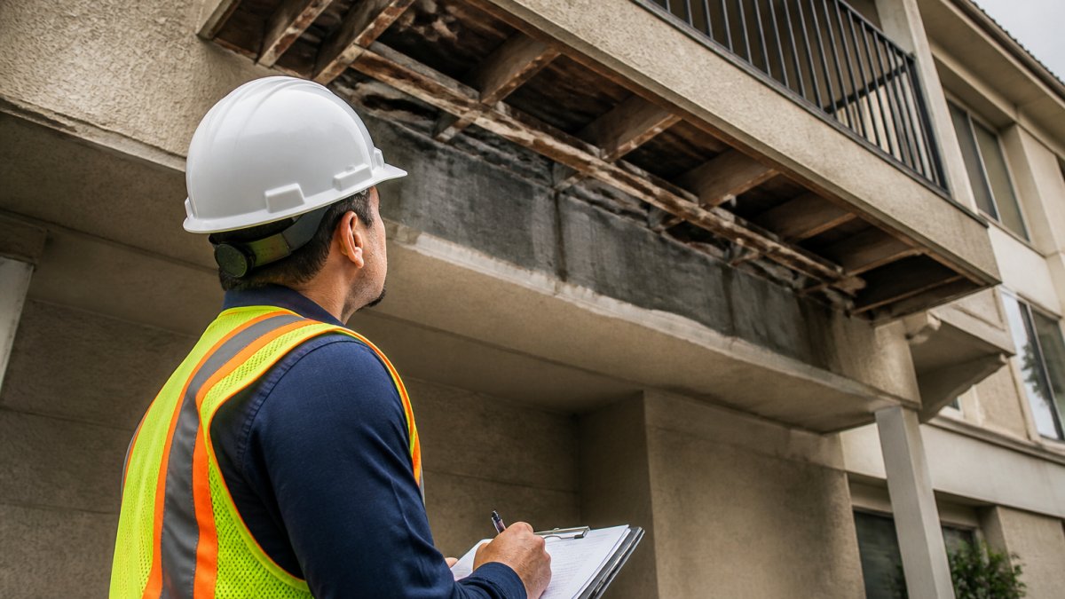 A structural engineer inspecting the exposed framing and waterproofing of a multifamily building balcony.