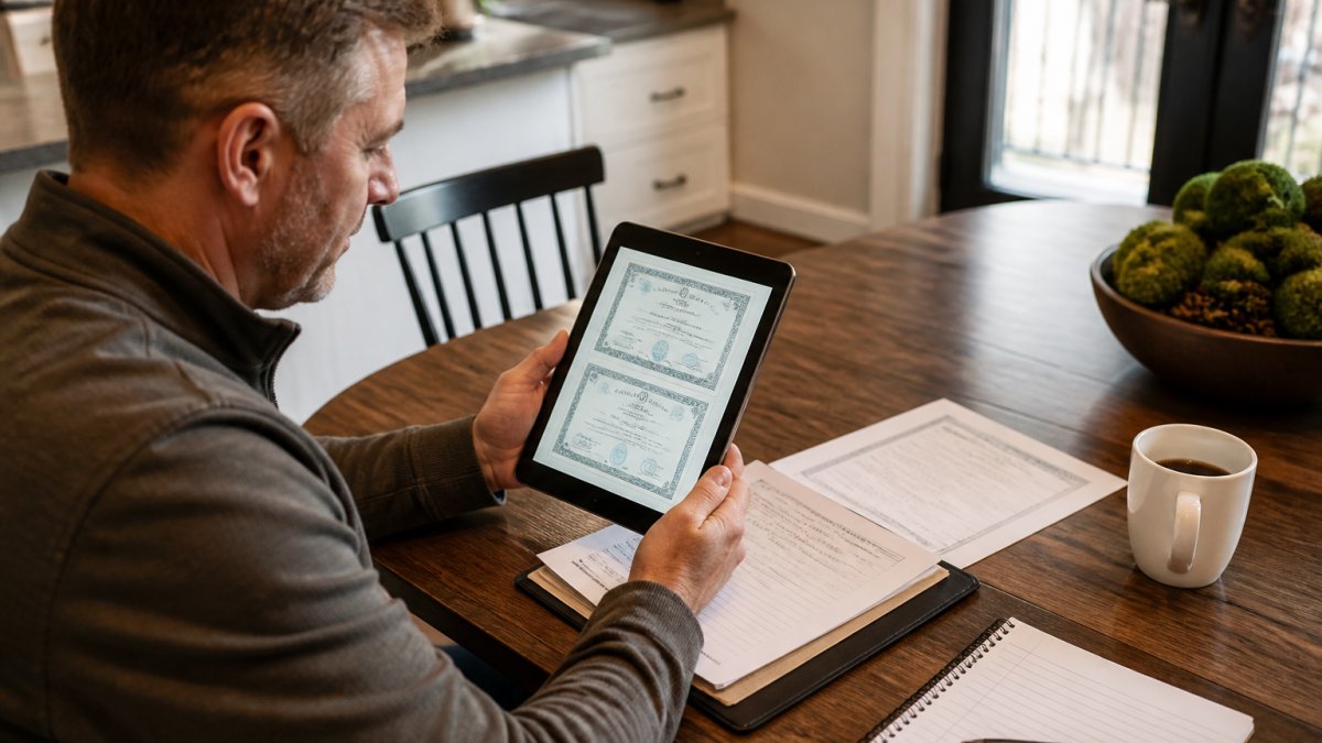 Homeowner reviewing insurance certificates and contractor licensing documents on a tablet while sitting at a kitchen table with paperwork spread out, natural window lighting