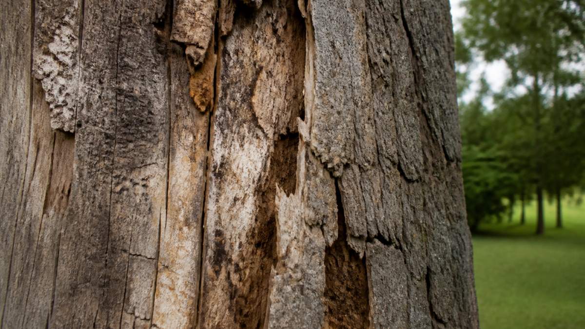Close-up of tree trunk showing visible cracks, splits, and areas of bark damage with decay discolouration