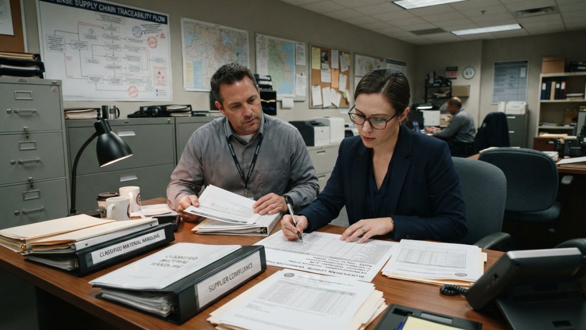 Procurement officers use blockchain to track defense supply chain data in a secure government office setting.