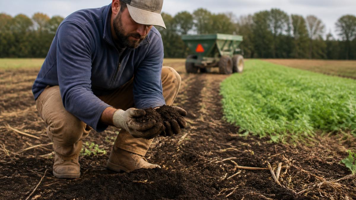 Farmer crumbling dark soil in his hands to monitor soil microbial health in a field with cover crops.