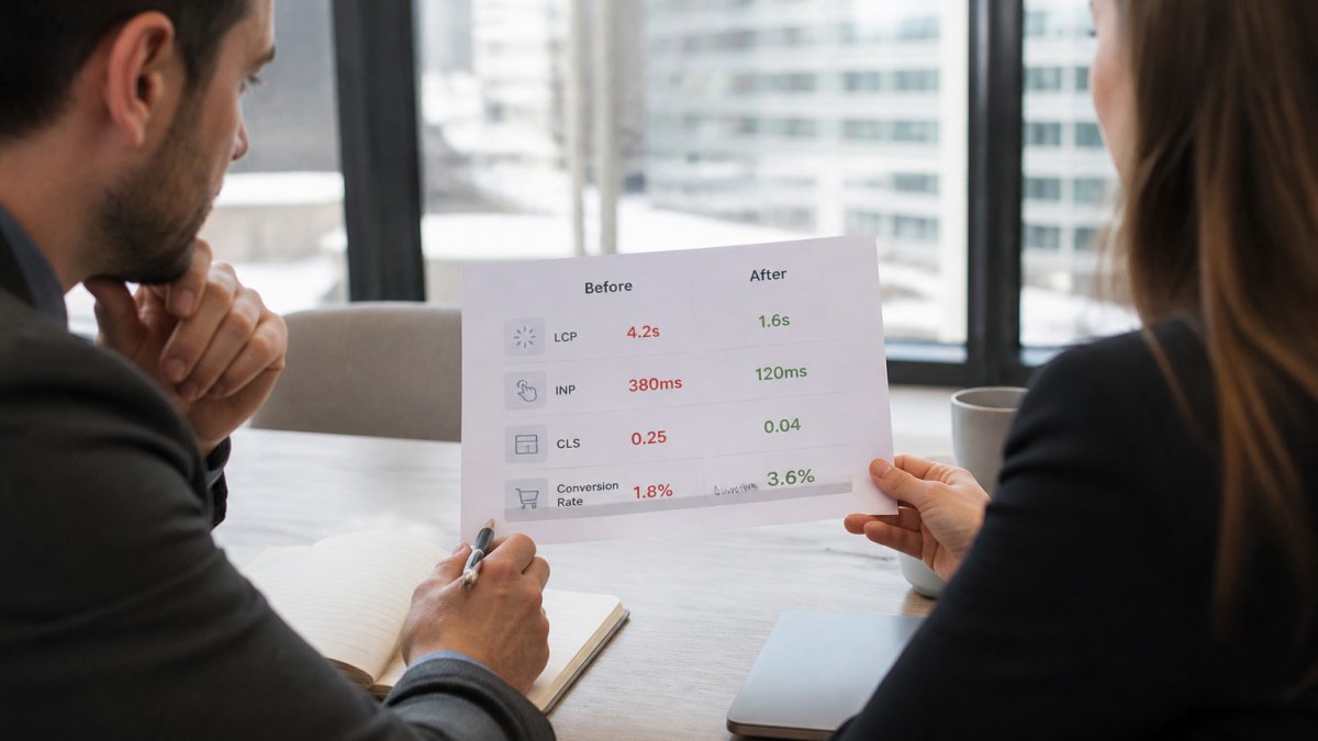 Dashboard comparing website load speed metrics and conversion rates before and after checkout optimization