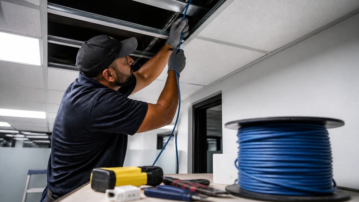 Licensed technician installing Cat 6 cabling through a commercial drop ceiling space