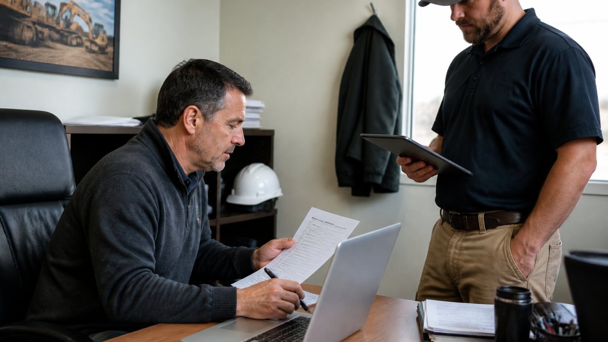 Operations manager and technician using field service software to review a digital integration checklist