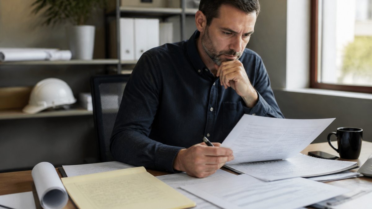 Professional business development manager at desk reviewing bid opportunity data on computer screen, with handwritten notes and bid calculations visible on paper nearby, natural office lighting