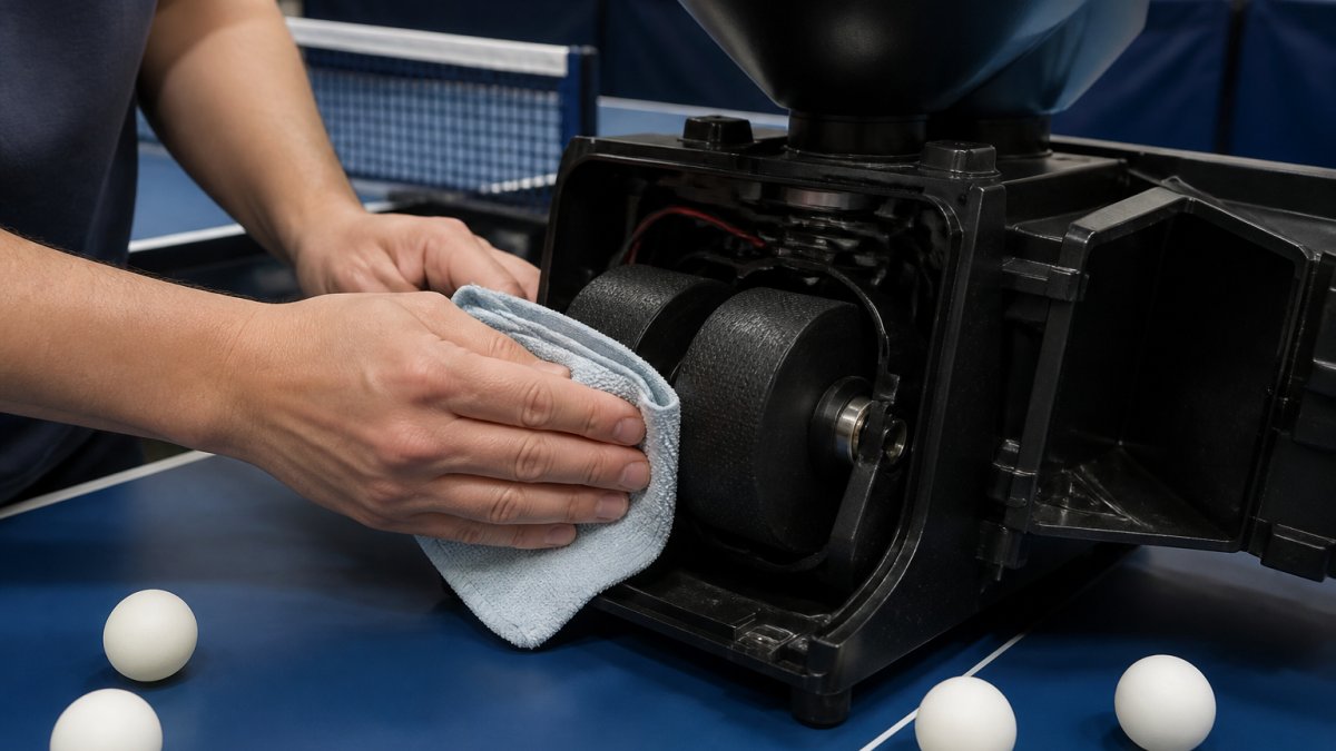 Step-by-step guide for cleaning the rubber friction wheels of a table tennis robot using a microfiber cloth