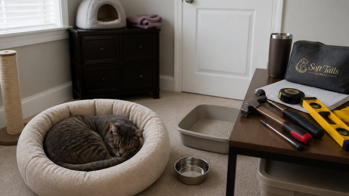 A calm indoor cat curled up inside a plush bolster cat bed in a quiet spare bedroom, with a litter box, water bowl, and closed door visible in the background