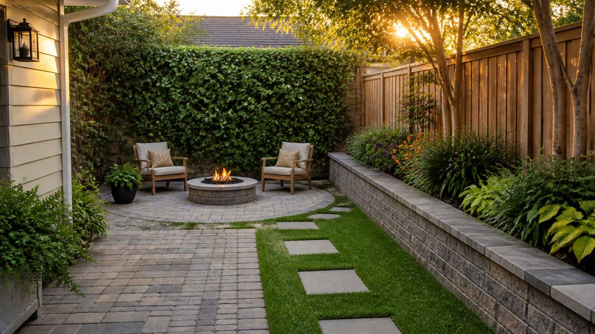 Cozy patio with a fire pit and raised garden beds for small yard landscaping ideas