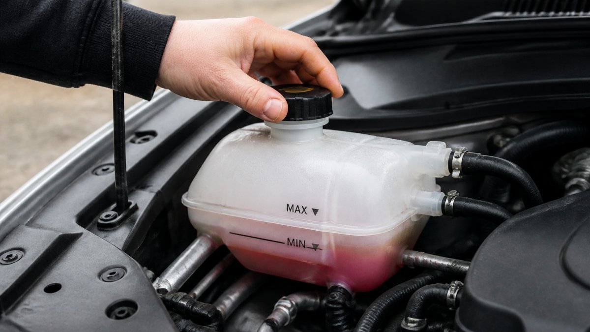How do you maintain engine coolant levels? Diagram showing how to safely maintain engine coolant levels by checking the min and max marks on the reservoir.