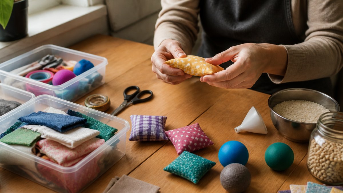 Hands arranging DIY fidget materials on a desk including fabric scraps, rice-filled pouches, stress balls, and craft supplies in organised containers with natural window lighting