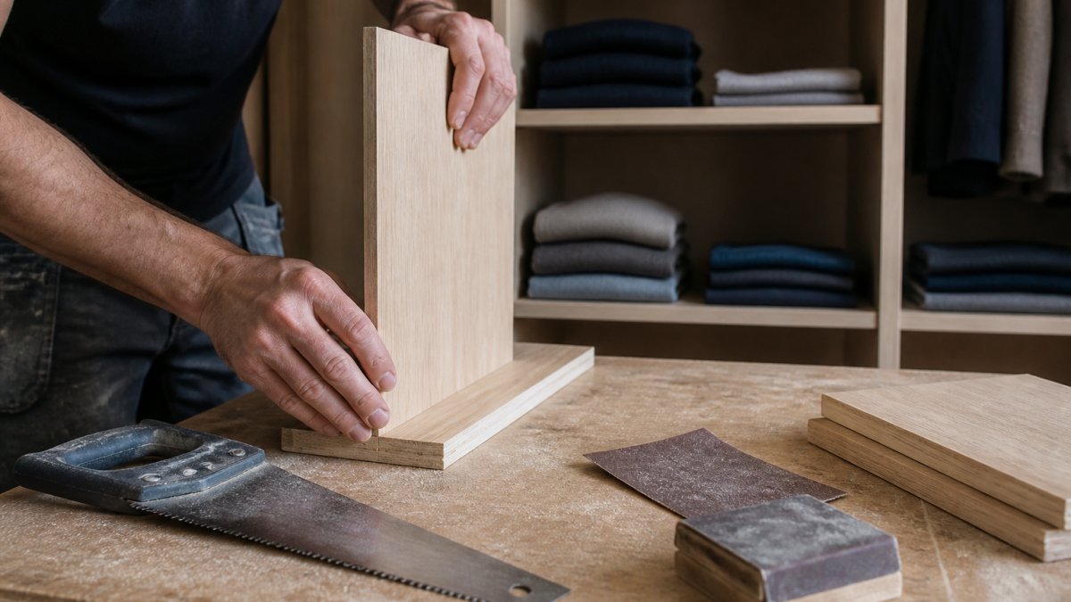 Close-up of hands assembling a wooden shelf divider with a saw and sanding materials on a workbench, with neatly folded clothes visible on nearby shelves
