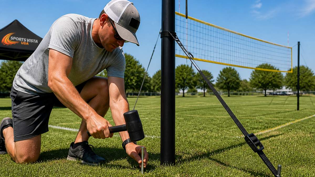 A close-up of a volunteer driving a ground stake beside a portable volleyball post on a grass court, with guy ropes and a tensioned net visible in the background on a sunny day