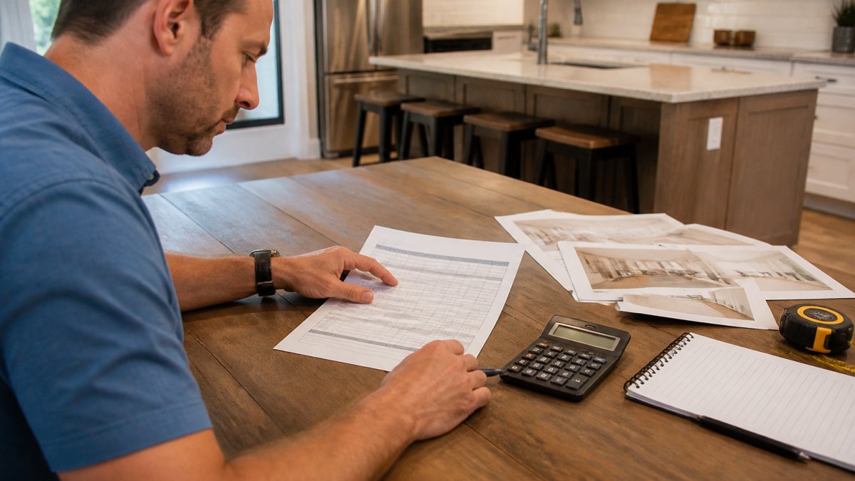 Homeowner reviewing a detailed renovation budget worksheet on a kitchen table with a calculator, notepad, and contractor estimates spread out