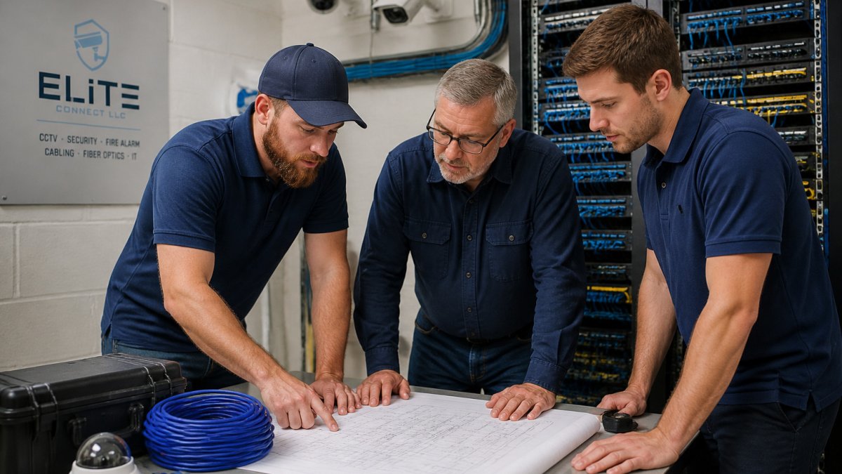 Project manager and technicians review blueprints to manage low-voltage contractors at a job site.