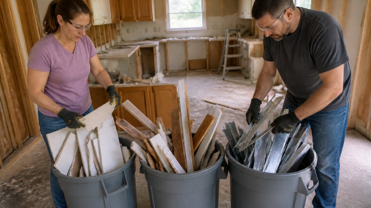 Homeowner and contractor sorting renovation waste into labeled bins in a kitchen undergoing demolition