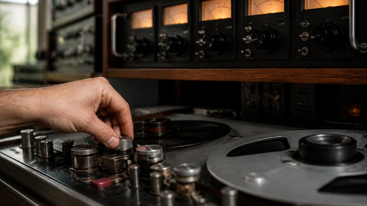 Mastering engineer adjusting analog tape machine settings for vintage rock mastering in a dim studio