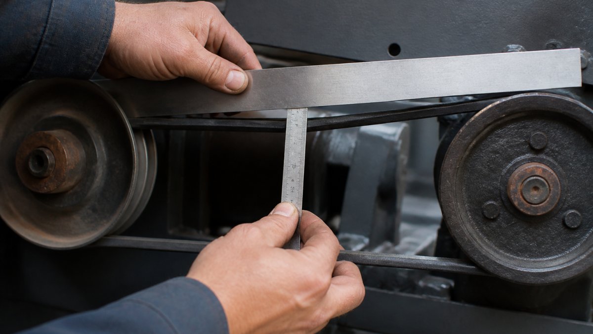 Technician using a straightedge and ruler to measure belt tension deflection on an industrial V-belt drive