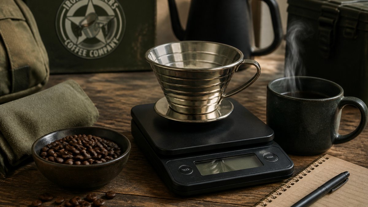 Close-up of a digital kitchen scale on a wooden counter with a metal pour-over cone, whole coffee beans in a small bowl, and a steaming mug nearby