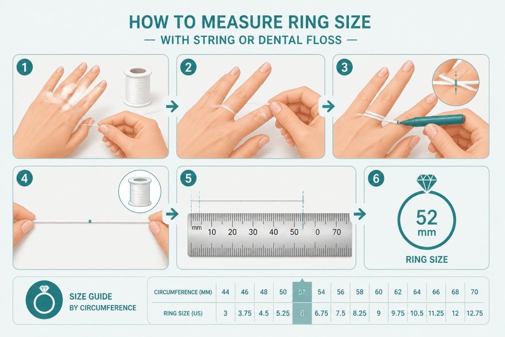 Hands wrapping string around a finger next to a metal ruler to measure ring size in millimeters