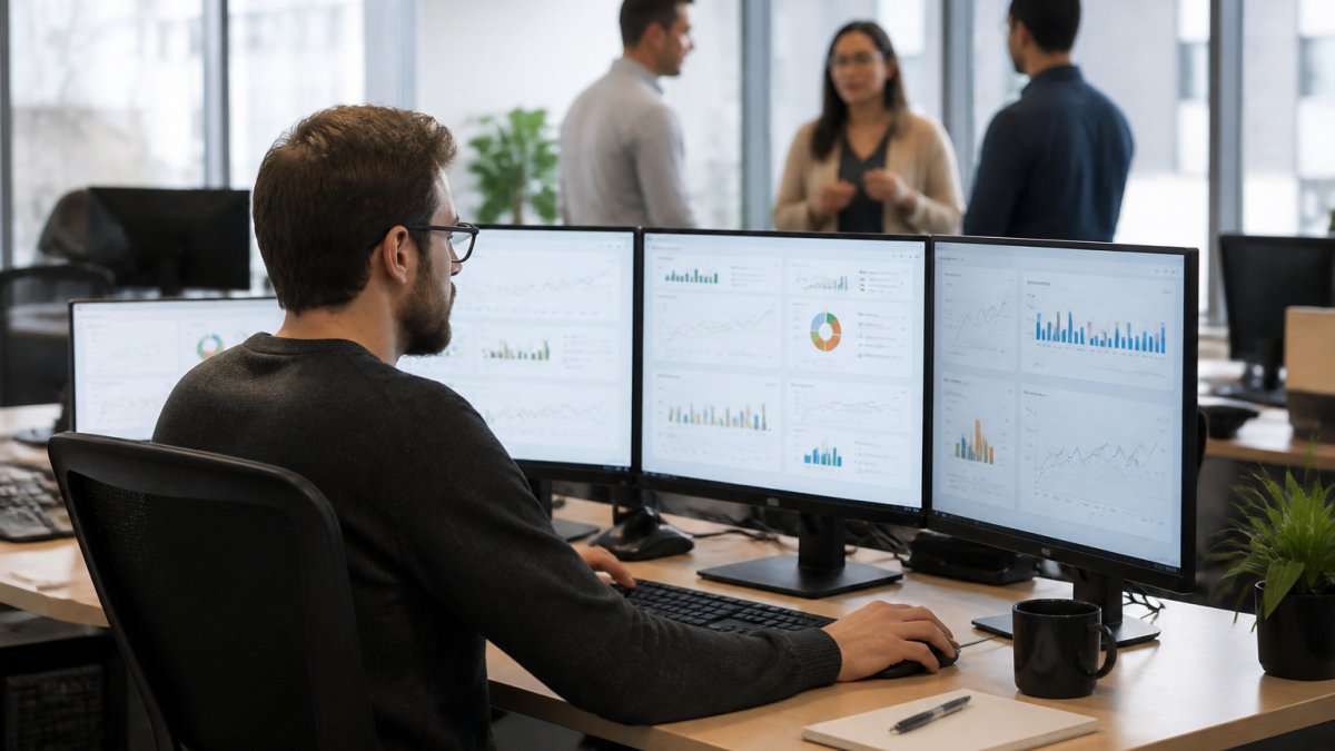 Analyst checking website data to measure website redesign ROI with a team in a modern office