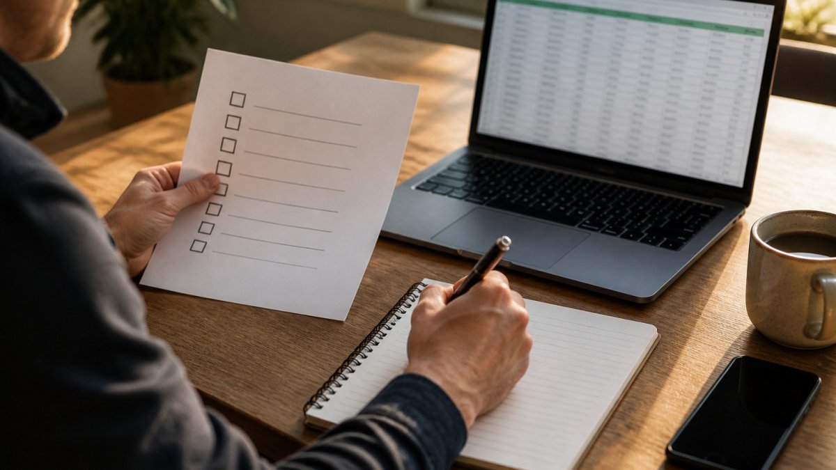 Business owner reviewing a checklist to migrate customer data at a desk